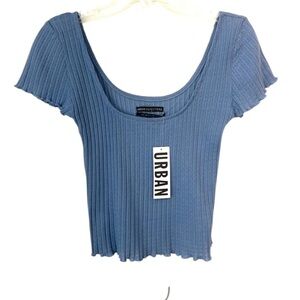 Urban Outfitters Basic Capsule Blue Ribbed Low Cut Crop Top TShirt - SZ L